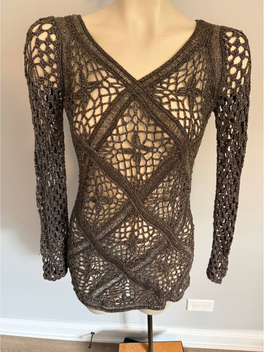Brown Crochet Long Sleeve Sweater Top